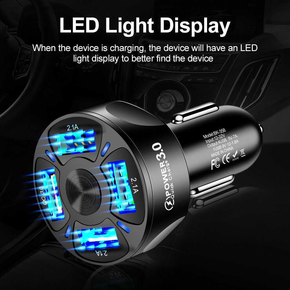 2 X 4 In 1 4 USB QC 3.0 Fast Charging Car Charger Adapter Car Accessories with LED Lights