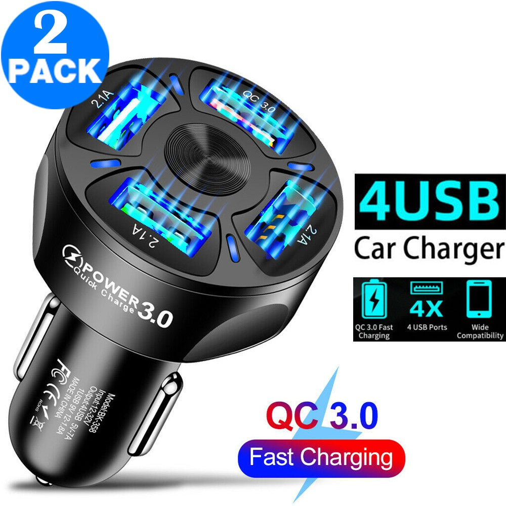 2 X Same Colour 4 In 1 4 USB QC 3.0 Fast Charging Car Charger Adapter Car Accessories with LED Lights