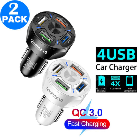 2 X 4 In 1 4 USB QC 3.0 Fast Charging Car Charger Adapter Car Accessories with LED Lights