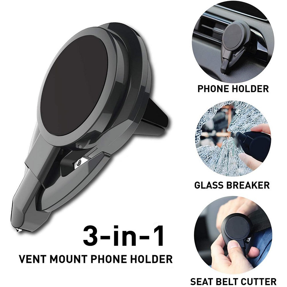 3 In 1 Car Phone Holder with Emergency Escape Tool Universal Air Vent Magnetic Cell Phone Mount Holder Seat Belt Cutter Window Breaker