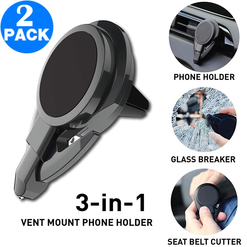 2 X 3 In 1 Car Phone Holder with Emergency Escape Tool Universal Air Vent Magnetic Cell Phone Mount Holder Seat Belt Cutter Window Breaker