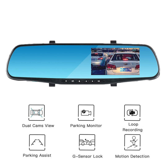 Full HD 1080P Car Rearview Anti Glare Blue Mirror Dash Cam Dual Lens Car Camera NOT Touchscreen with Night Vision Loop Recording  WITHOUT SD CARD