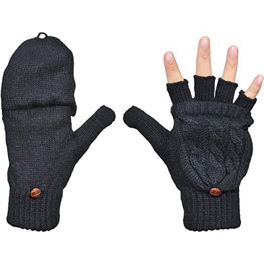 1 Pair of Unisex Warm Winter Flip Twist Fingerless Gloves One Size Half Finger Convertible Flap Cover Mittens for Men and Women Black