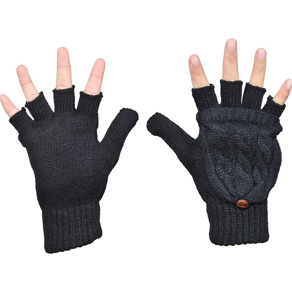 1 Pair of Unisex Warm Winter Flip Twist Fingerless Gloves One Size Half Finger Convertible Flap Cover Mittens for Men and Women Black