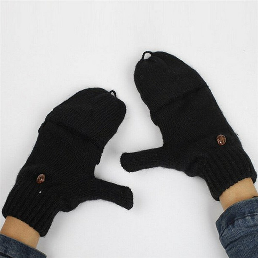 1 Pair of Unisex Warm Winter Flip Twist Fingerless Gloves One Size Half Finger Convertible Flap Cover Mittens for Men and Women Black