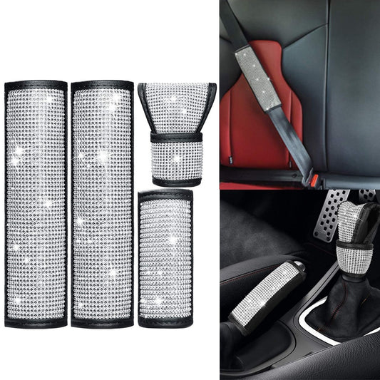 4PCS Bling Rhinestones Seat Belt Covers Handbrake Cover Auto Shift Gear Cover Car Accessories Set Auto Interior Decoration Kit