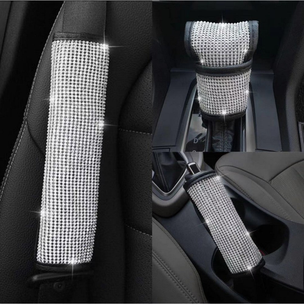 4PCS Bling Rhinestones Seat Belt Covers Handbrake Cover Auto Shift Gear Cover Car Accessories Set Auto Interior Decoration Kit