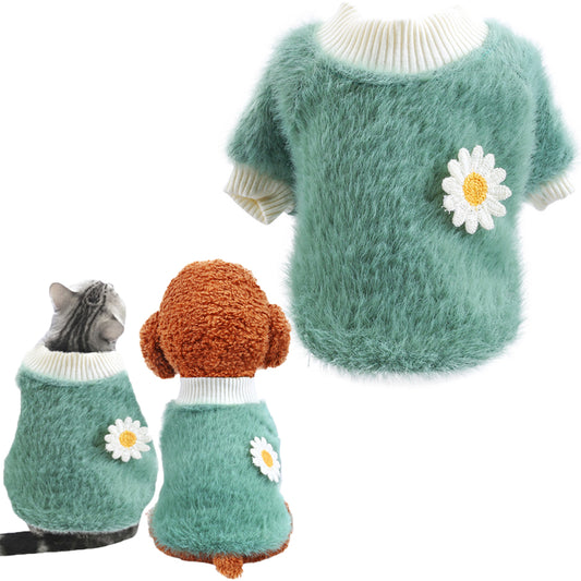 XL Green Daisy Design Pet Turtleneck Pullover Clothes Winter Soft Plush Clothes for Cat Dog Puppy