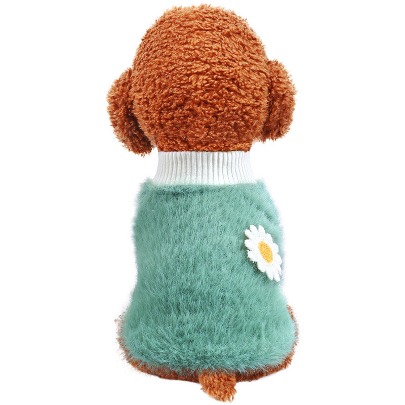 XS Green Daisy Design Pet Turtleneck Pullover Clothes Winter Soft Plush Clothes for Cat Dog Puppy