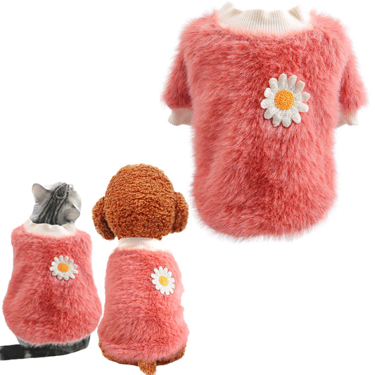 XL Pink Daisy Design Pet Turtleneck Pullover Clothes Winter Soft Plush Clothes for Cat Dog Puppy