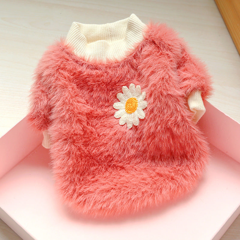 XS Pink Daisy Design Pet Turtleneck Pullover Clothes Winter Soft Plush Clothes for Cat Dog Puppy