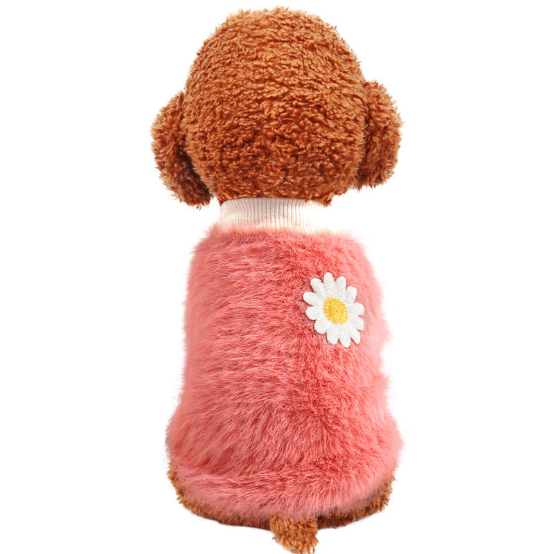 XS Pink Daisy Design Pet Turtleneck Pullover Clothes Winter Soft Plush Clothes for Cat Dog Puppy