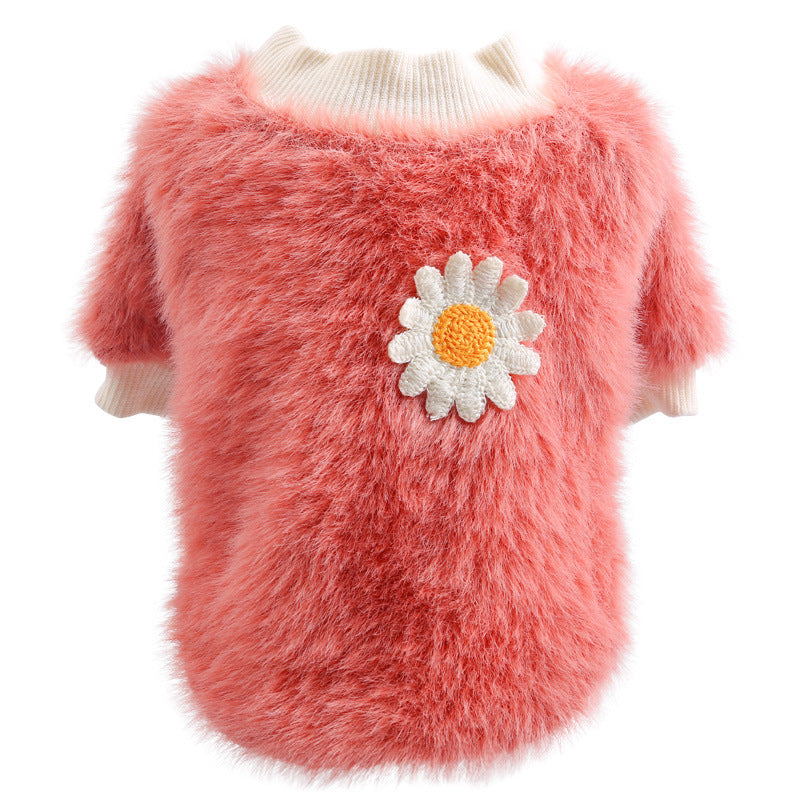 XS Pink Daisy Design Pet Turtleneck Pullover Clothes Winter Soft Plush Clothes for Cat Dog Puppy