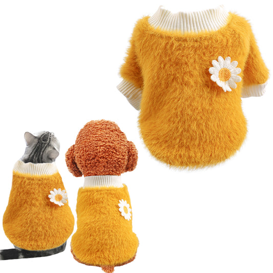 XL Yellow Daisy Design Pet Turtleneck Pullover Clothes Winter Soft Plush Clothes for Cat Dog Puppy