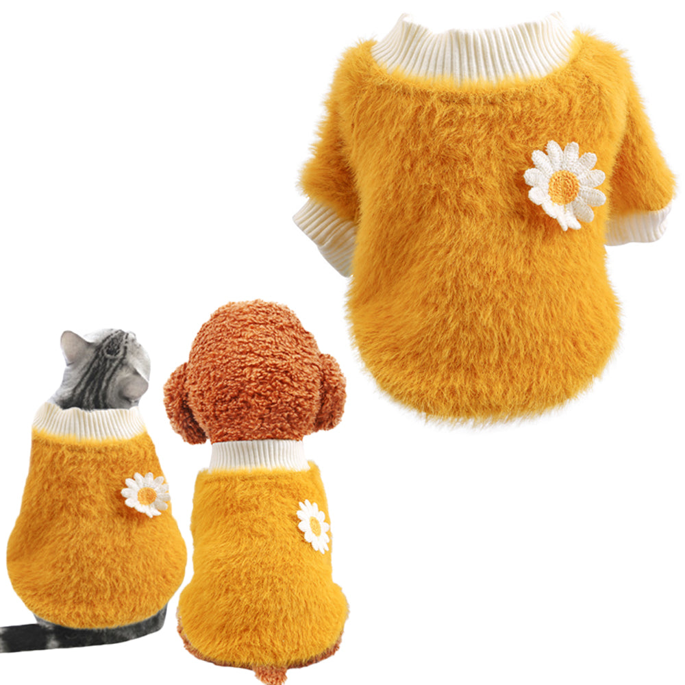 XS Yellow Daisy Design Pet Turtleneck Pullover Clothes Winter Soft Plush Clothes for Cat Dog Puppy