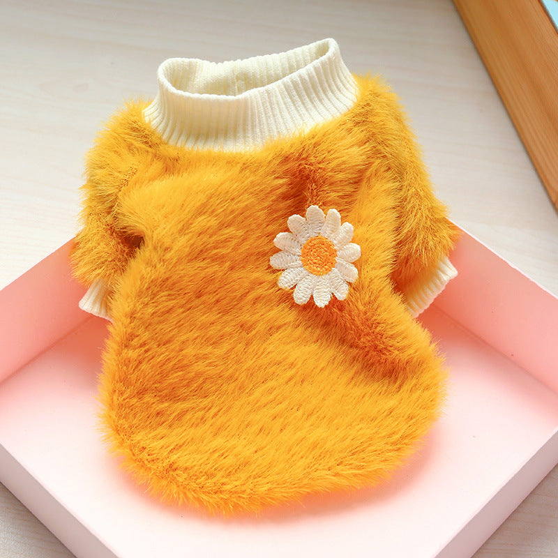 XS Yellow Daisy Design Pet Turtleneck Pullover Clothes Winter Soft Plush Clothes for Cat Dog Puppy