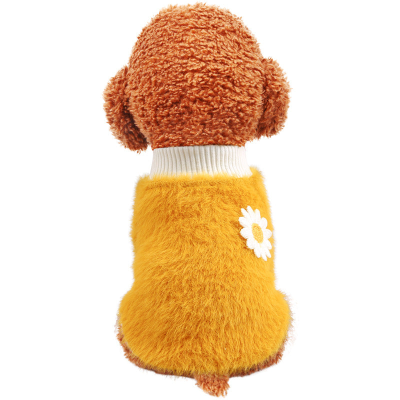 XS Yellow Daisy Design Pet Turtleneck Pullover Clothes Winter Soft Plush Clothes for Cat Dog Puppy