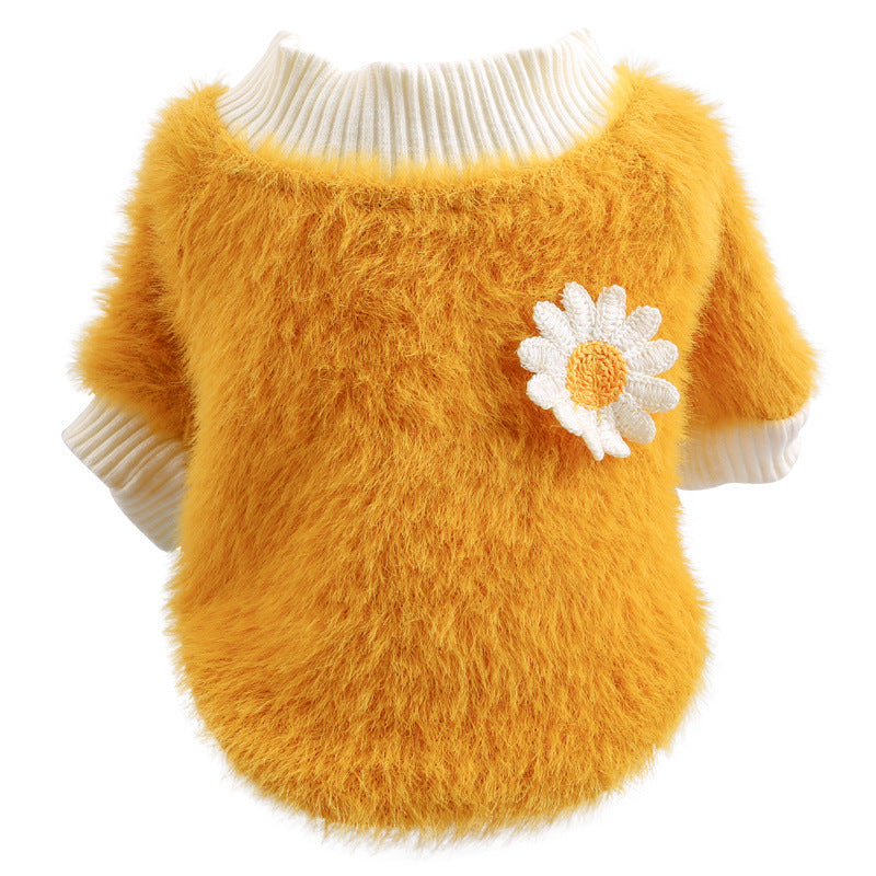 XS Yellow Daisy Design Pet Turtleneck Pullover Clothes Winter Soft Plush Clothes for Cat Dog Puppy