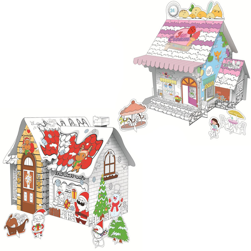 2 X Kids Ice Cream Shop Christmas House DIY Doodle Cardboard Houses Art Craft Set