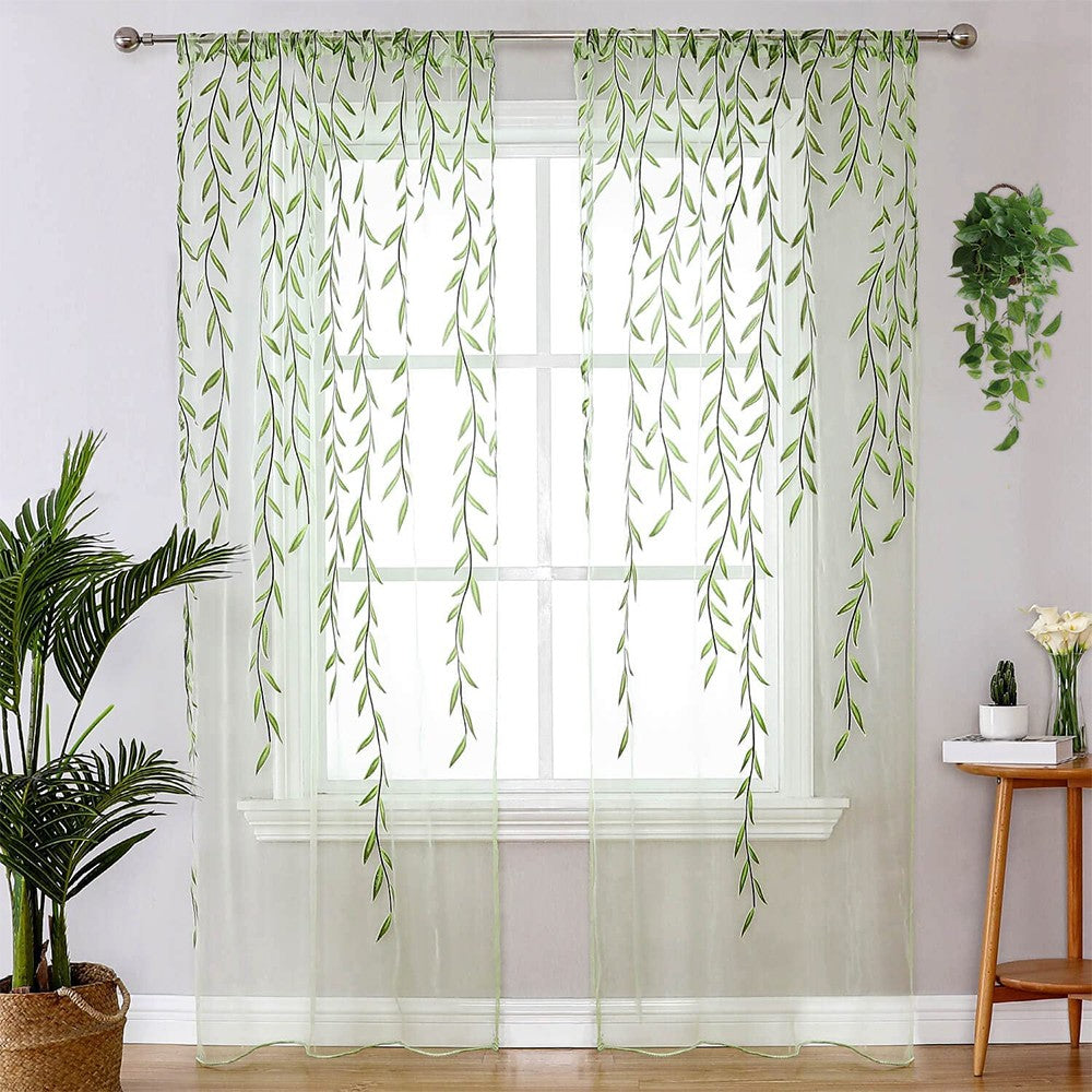 Pair of Willow Curtains Sheer Tulle Curtains Room Door Curtain Home Decor Green