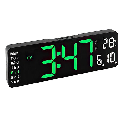 13 Inch Digital Alarm Clock LED Wall Mounted Clock Desk Clock with Temperature Calendar Green