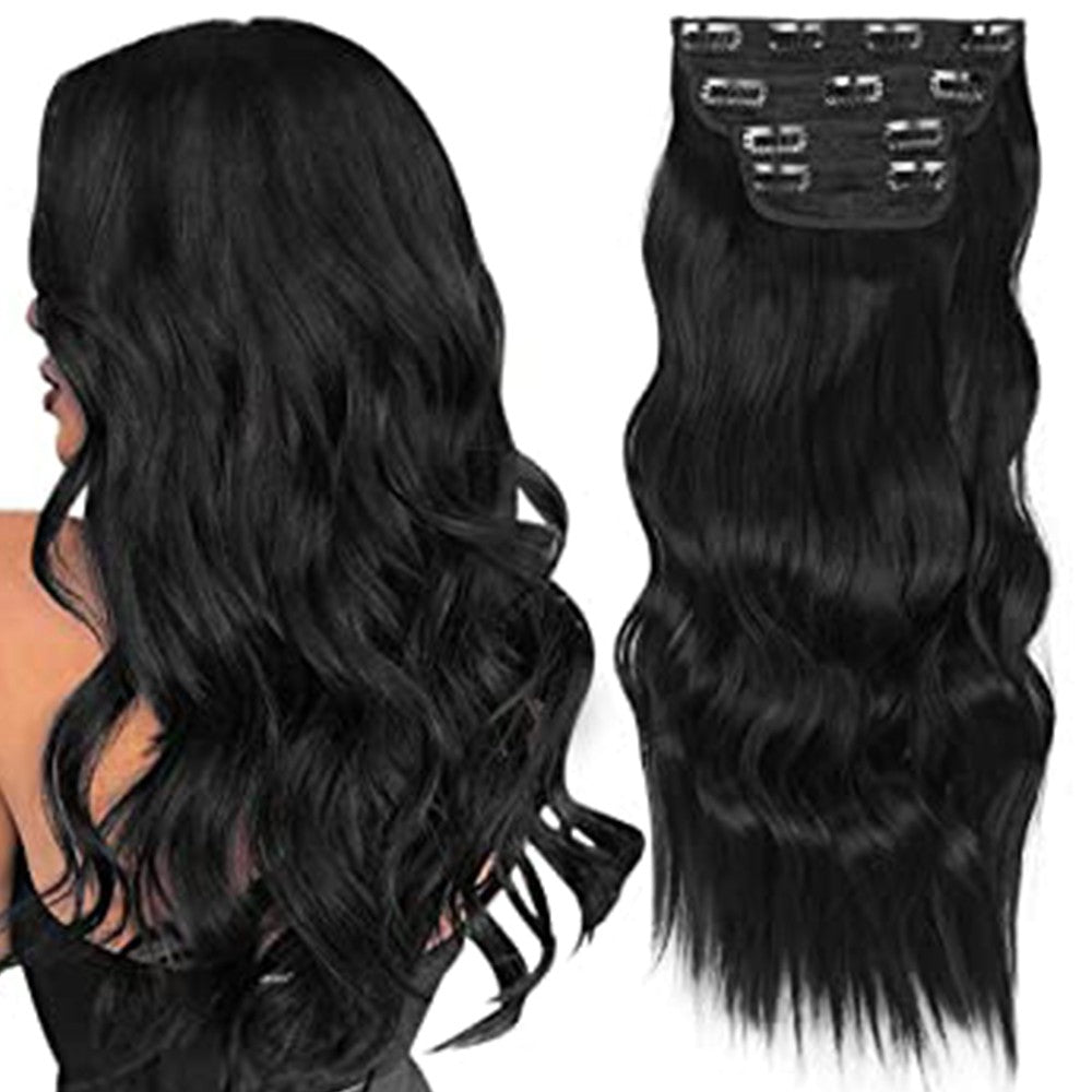 Set of 4Pcs Black Clip in Hair Extensions Natural Wavy Hair Extensions Long Wavy Hairpieces