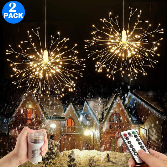 2 Pack 198 Bright Remote Control Explosion Star LED Fireworks Light Warm White