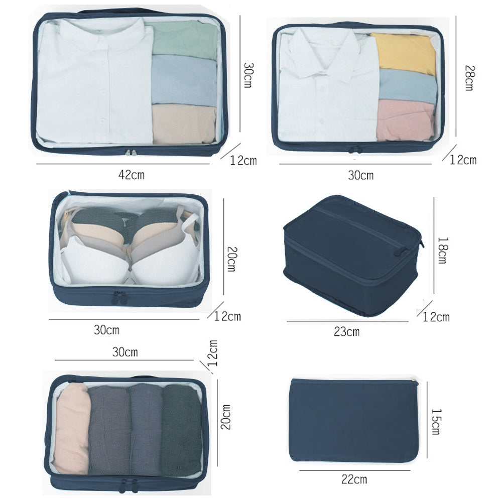 7Pcs Travel Packing Cubes Luggage Accessories Cosmetic Bag Navy Blue